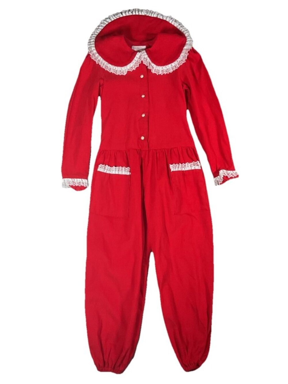 Cottage VTG Red Youth SZ 14/16 ? Girls Handmade Romper With White Lace Festive
